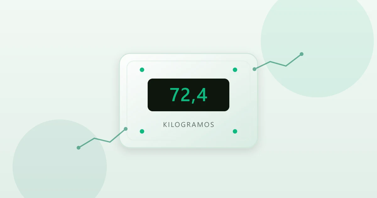 Ilustración de una báscula digital genérica mostrando 72,4 kilogramos, acompañada de dos líneas de tendencia