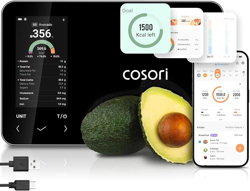 Báscula nutricional COSORI con pantalla TFT a color y análisis de macros