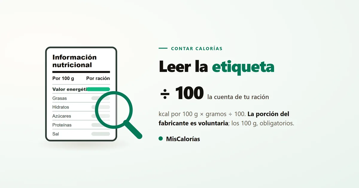 Etiqueta de información nutricional con las columnas por 100 g y por ración, y una lupa sobre la fila del valor energético