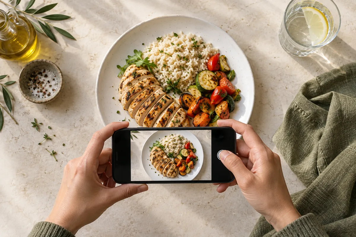 Un teléfono muestra la cámara al fotografiar un plato de comida