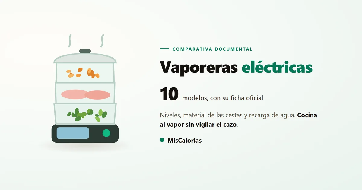 Ilustración de una vaporera eléctrica de tres niveles transparentes con verdura, pescado y zanahoria, sobre una base con depósito de agua