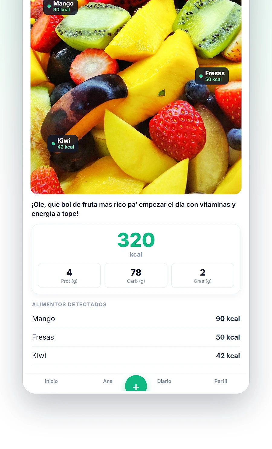 Pantalla real de la app analizando un bol de fruta: 320 kcal con sus macros