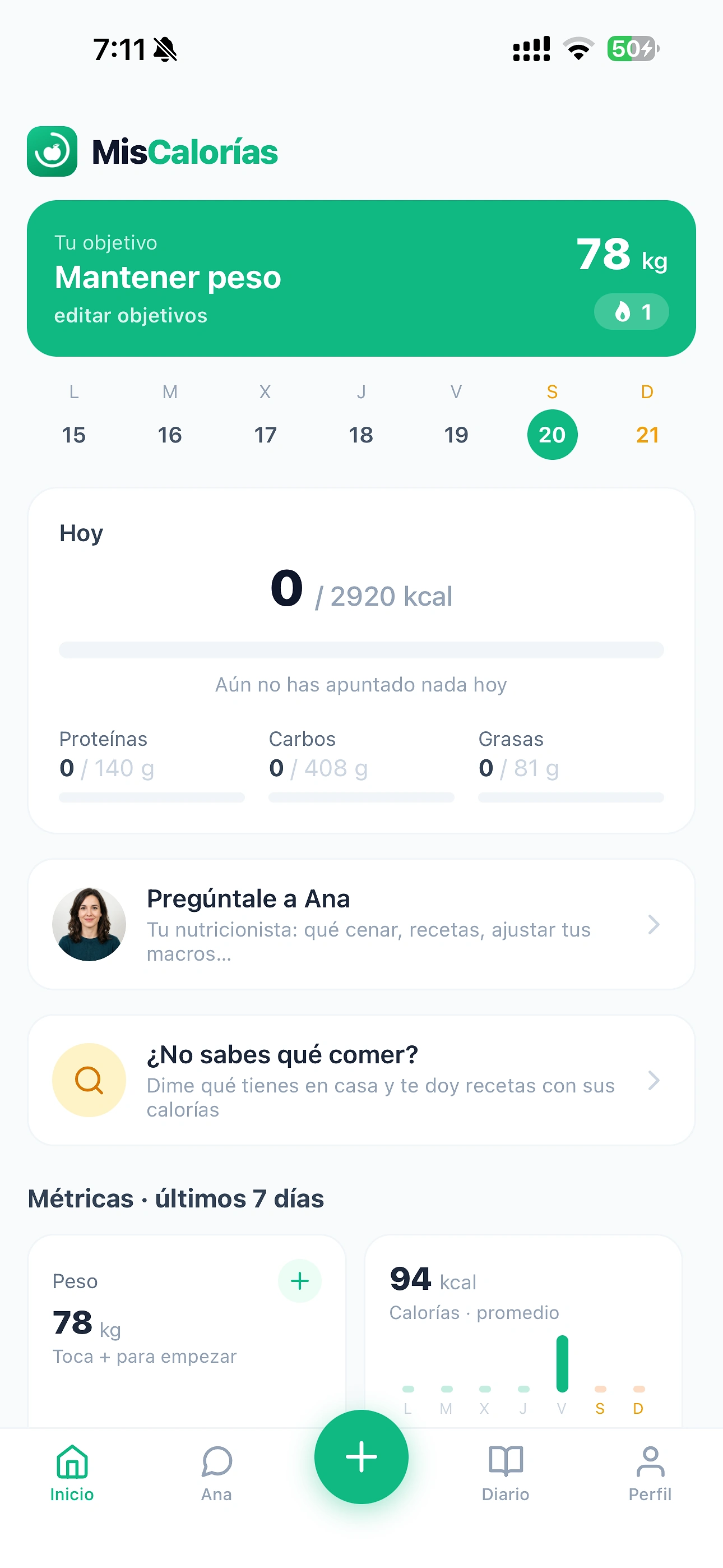 Pantalla de inicio de MisCalorías con el objetivo diario y macros