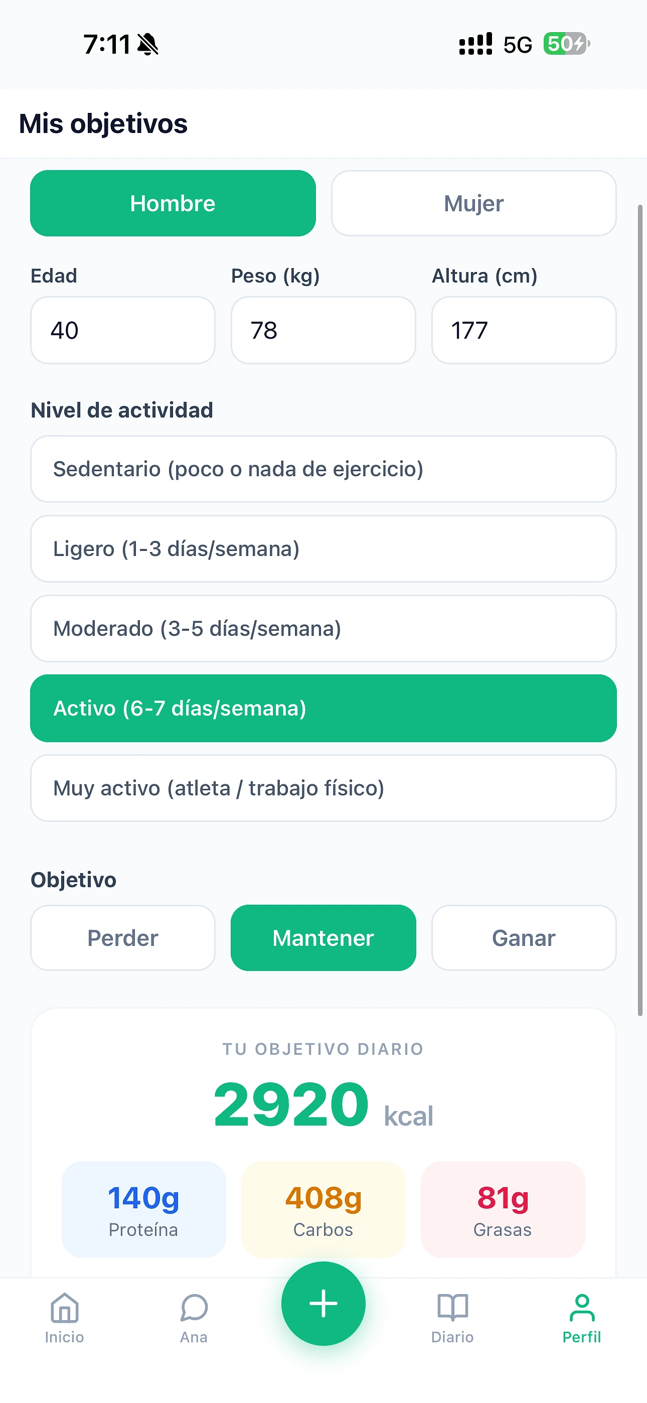 Pantalla de objetivos: 2920 kcal diarias y macros a tu medida