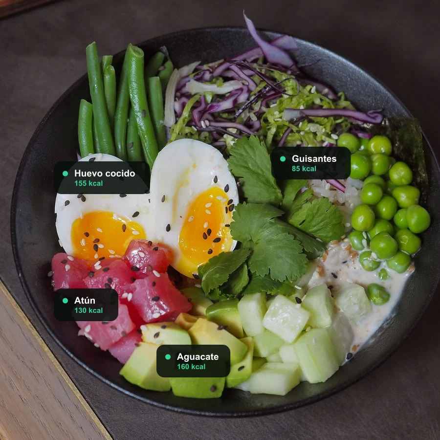 Análisis de un poke bowl: atún, huevo, aguacate, guisantes